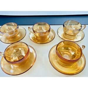 Vintage Jeanette Marigold Carnival Glass Iridescent Camellia 5 Teacups/Saucers